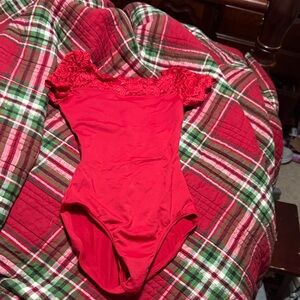 Elegant Red leotard for dance simple with off shoulders in lace. Matching skirt